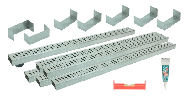 Entwässerungsrinnen Edelstahl superflach Rost Quadratlochung SET Typ 6, System 35/80